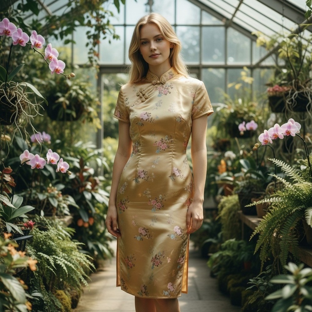 Vintage Hong Kong Cheongsam Qipao Dress Women Small Gold Satin Floral Embroider